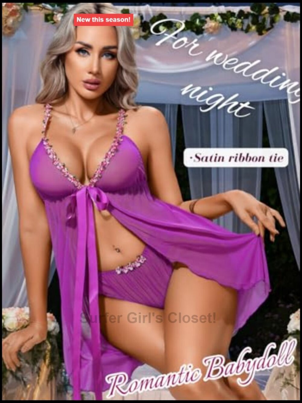 Sheer Babydoll Nightgown with Floral Lace Trim, Front Closure Chemise - Picture 4 of 6